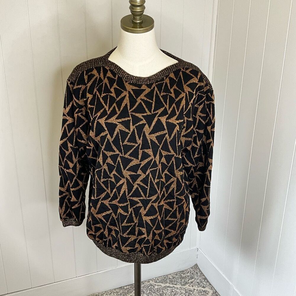 Peppermint Casuals Ltd Womens Large Boat Neck Sweater Black Gold Metallic Geo